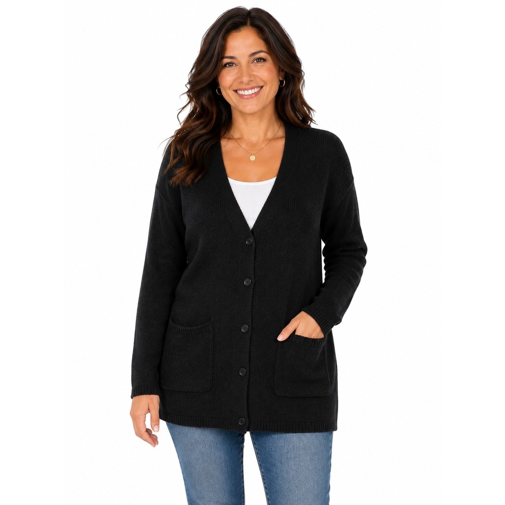 DKNY Womens‎ Black Cotton Linen Ramie V-Neck Oversized Cardigan Sweater Large